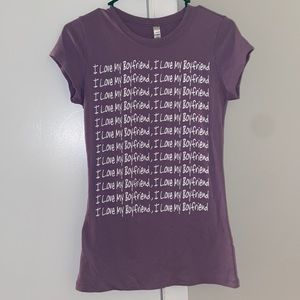 Tresics brand ,size large , I LOVE MY BOYFRIEND short sleeve light purple shirt